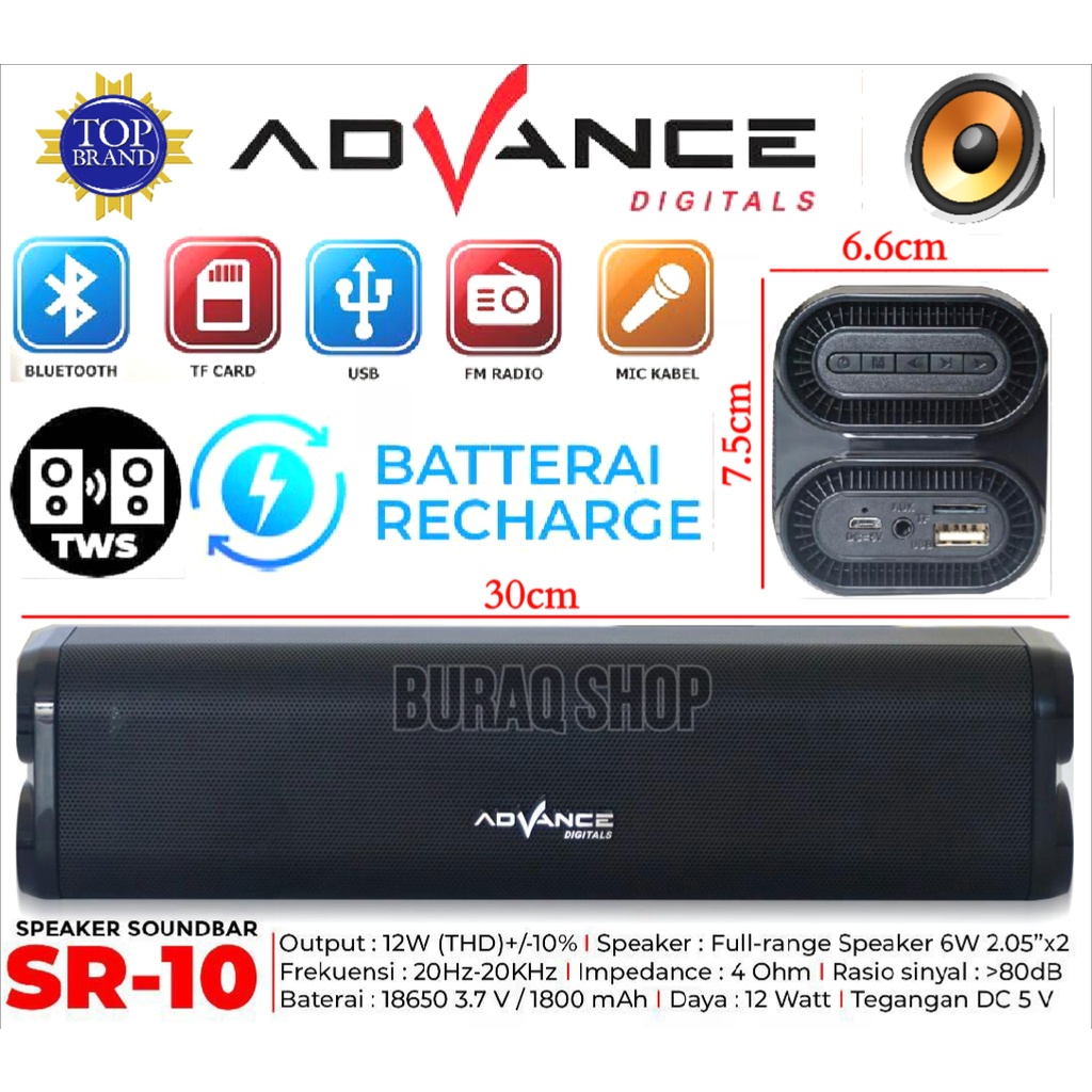 Advance SR 10 - Speaker Soundbar SR-10 / Speaker Bluetooth Wireless Deep Bass Hi-Fi Sound 1800mAh /
