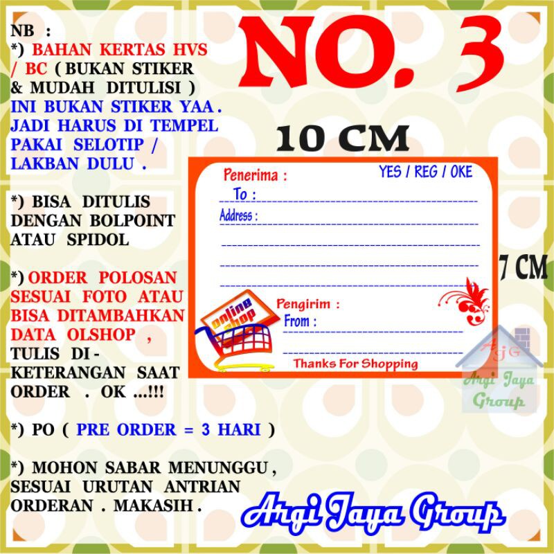 

Label Pengiriman Alamat Olshop Murah Nomer 3 - 10x7cm - Kertas BC (Manila)