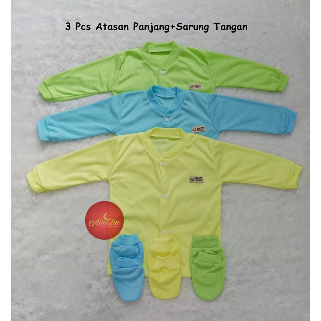 3 Pcs Atasan Panjang Bayi + Sarung Tangan Bayi / Atasan Bayi Panjang Kancing Depan