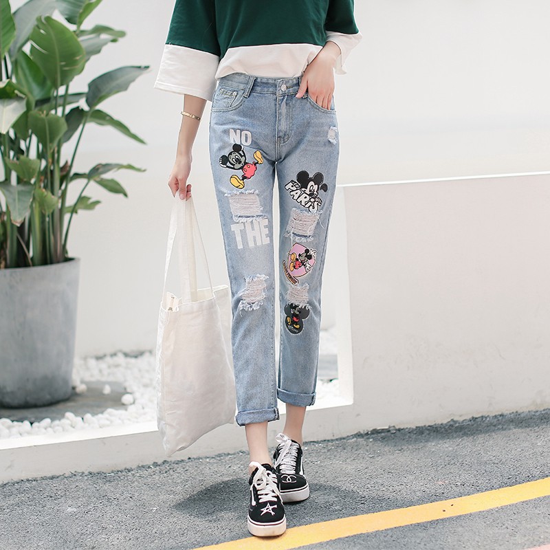  Celana  Panjang Jeans  Korea Lurus High Quality Motif  Print 