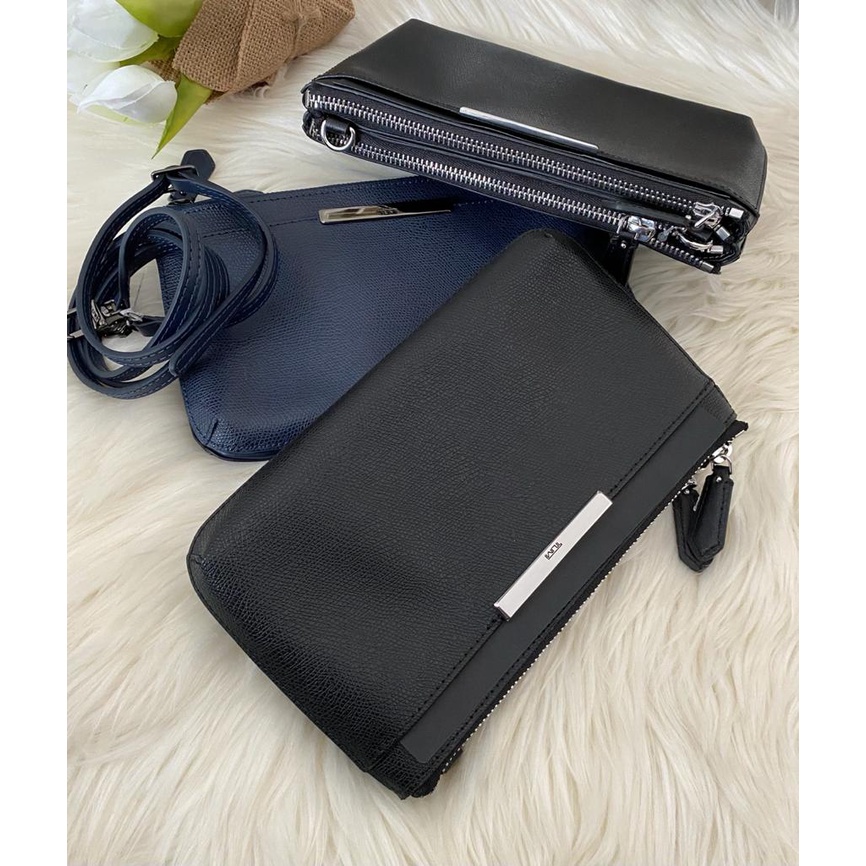 Dompet Tumi Wrislet Gallery Crossbody Black Navy Double Zip New Original