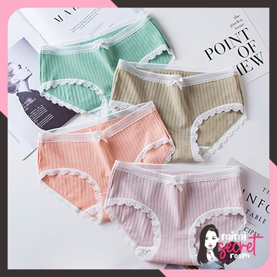 ❤ MIMI ❤ Celana Dalam Katun CD Wanita Cotton Underwear Aksen Renda &amp; Pita IMPORT TERLARIS