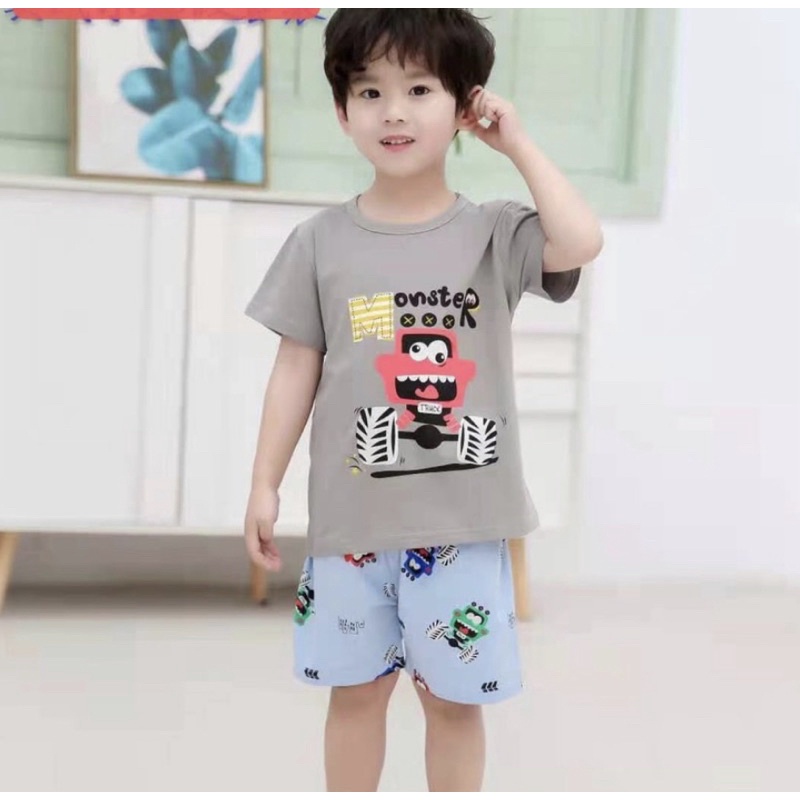 BAJU ANAK SETELAN CELANA PENDEK IMPORT PIYAMA KIDS 3-6THN KAOS MOTIF CUTE READY STOCK