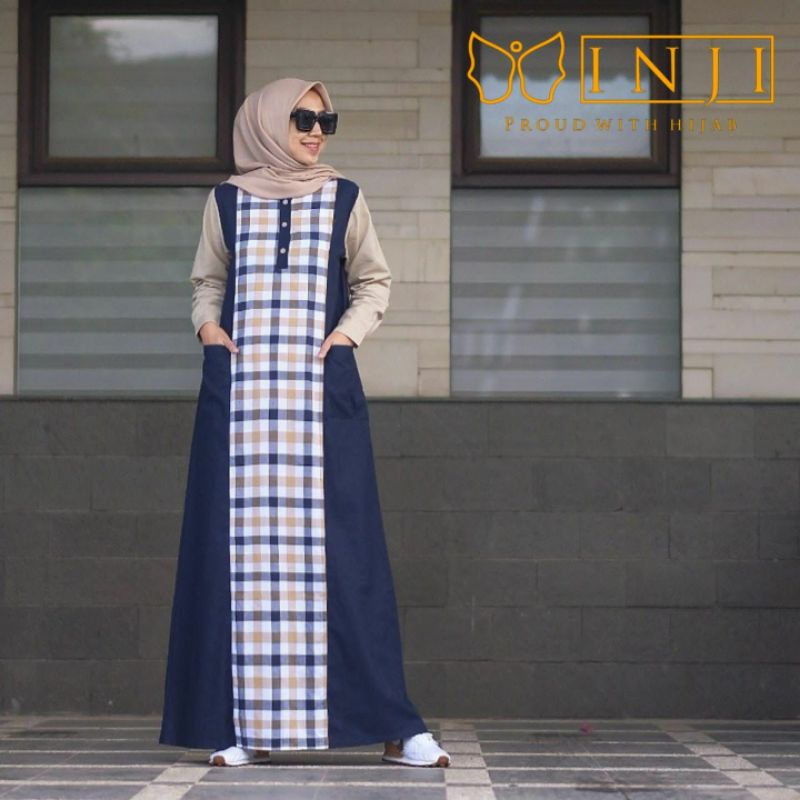 SABIYA DRESS BY INJI :gamis casual berbahan cotton linen kombinasi katun motif kotak yg sangat nyama