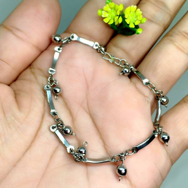Gelang monel plat bola tipis  baja putih