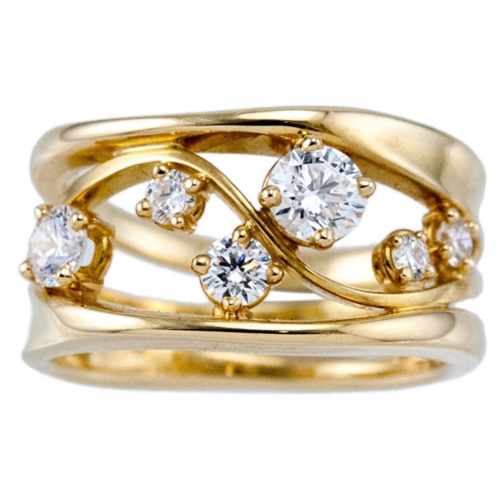 Cincin Vintage Desain Garis Gelombang Geometri Hias Zirkon Warna Emas Untuk Wanita