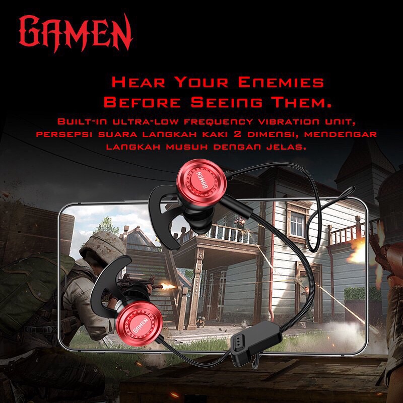 GAMEN GE200 Dual Microphone Virtual Stereo Surround Sound In-ear Gaming Headset Black Red-Garansi