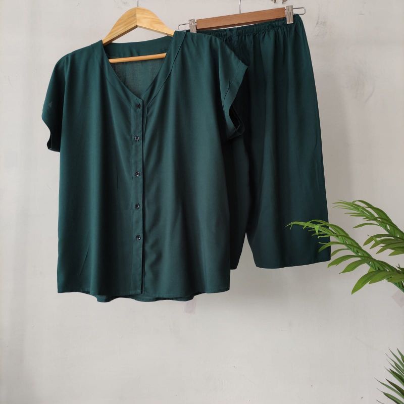 SETELAN POLOS KANCING 7/8 SETELAN BUSUI | HOMEWEAR BUSUI | PIYAMA RAYON | PIYAMA KANCING |  RAYON TWELL-7/8 NK HIJAU BOTOL