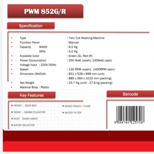 Mesin Cuci Polytron PWM852 / 2 Tabung 8kg PWM852G / PWM852R