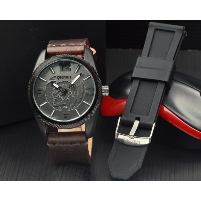 Jam Tangan Pria / Cowok Diesel Paket Leather Dark Brown Plat Black