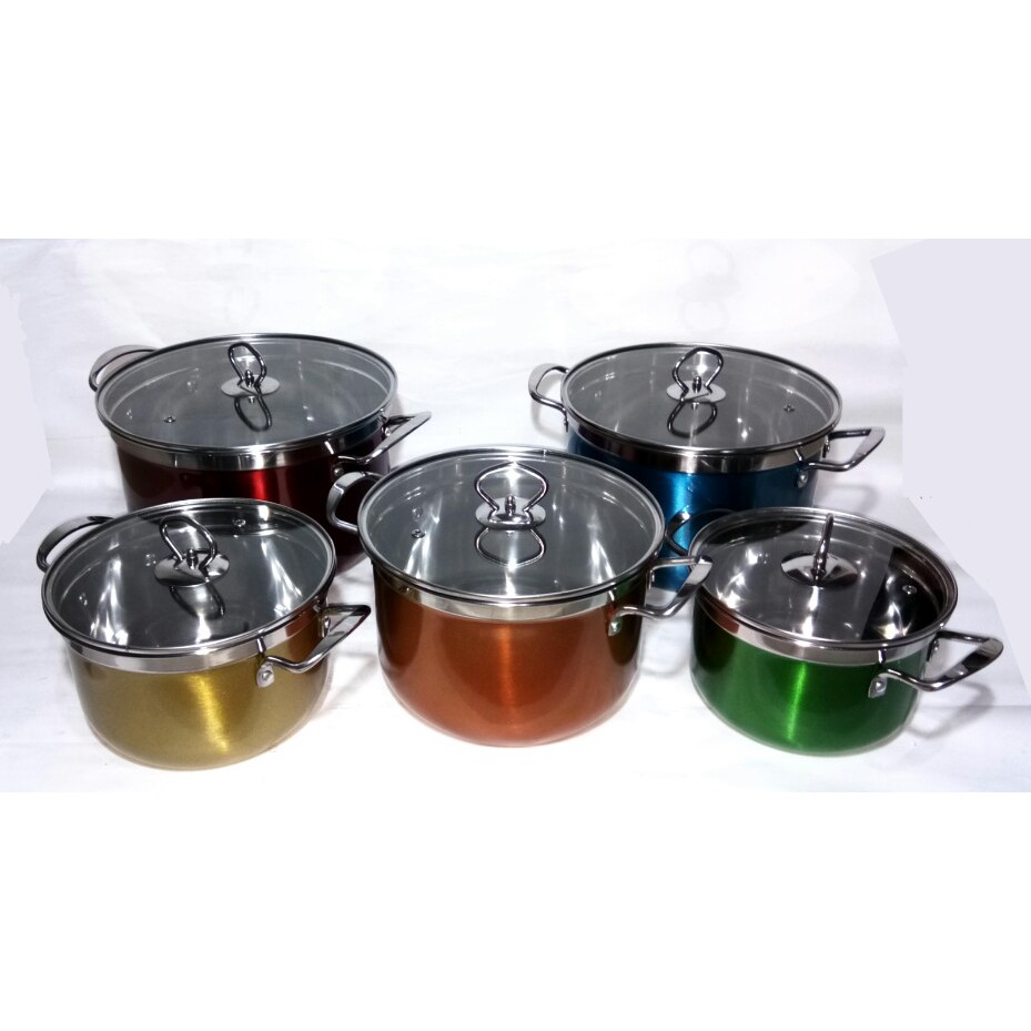 A1 Panci 5 Set Warna Warni Korea Pot Multiuse Stainless Steel 5 Panci Dan 5 Tutup Kaca Stock Pot color