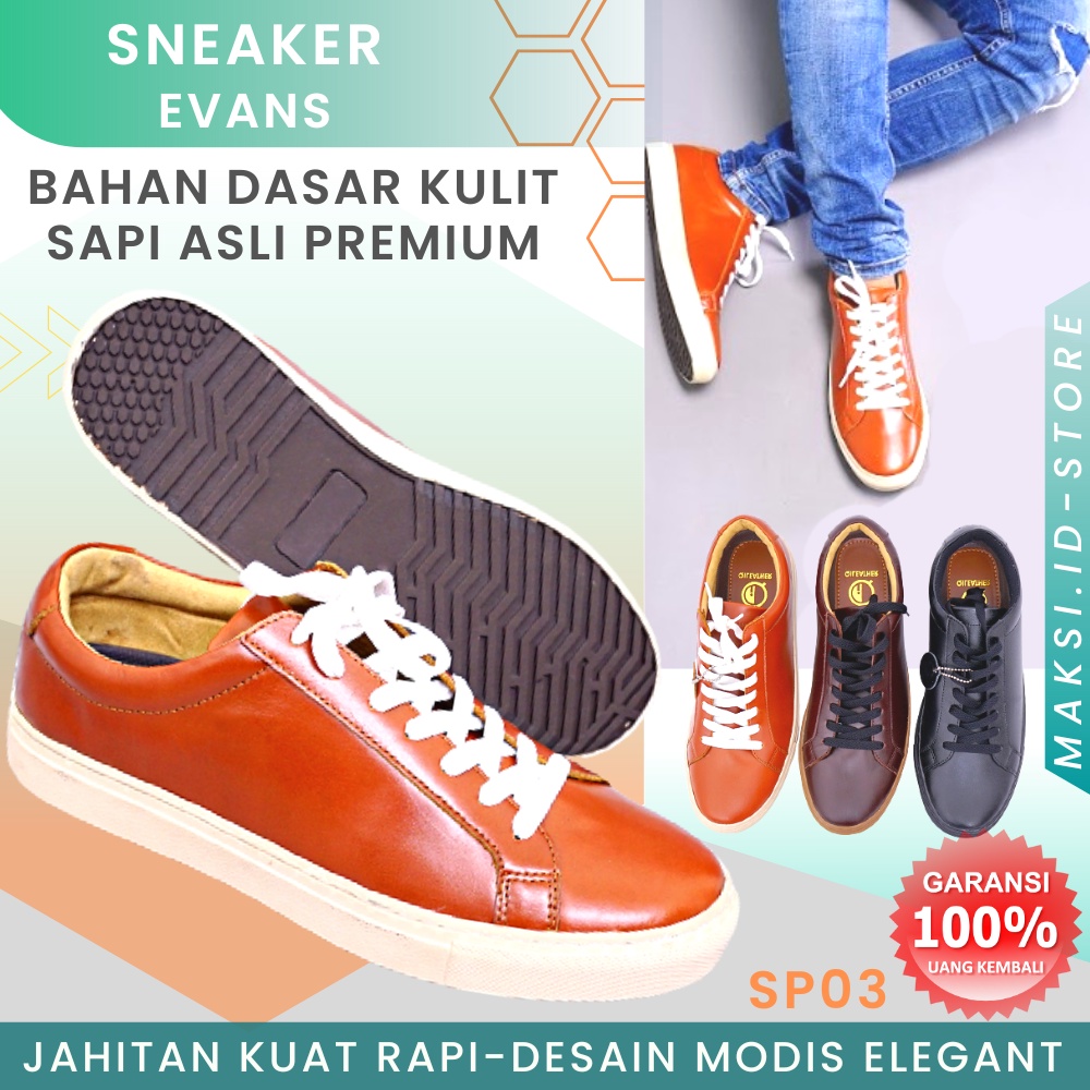 Sepatu Kulit Pria Asli Sepatu Sneaker Kulit Sapi Asli Sepatu Sneakers Kulit Pria Kasual Casual Evans Leather Shoes SP03 Jahitan Rapi Bahan Kulit Sapi Premium Garansi Original