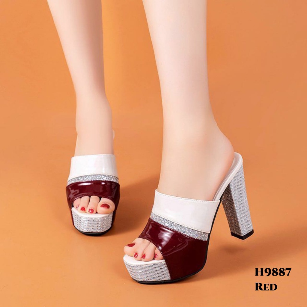 WYN HIGH HEELS GLITERS CHUNKY PLATFORM MULES FASHION KOREA BAHAN GLOSSY H9887