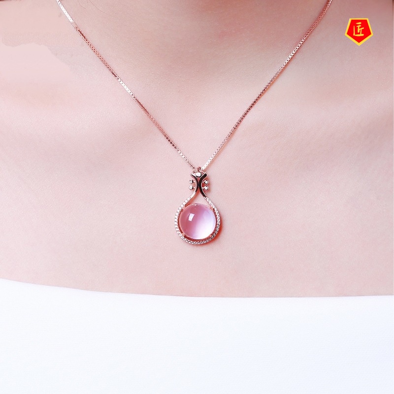 [Ready Stock]925 Rose Gold Necklace Female Pink Crystal Pipa Pendant Simple Fashion