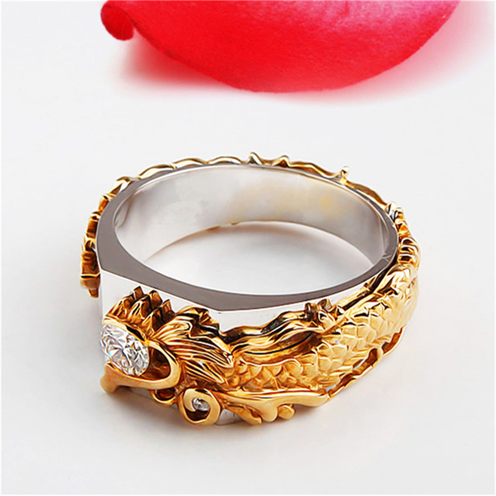 Cincin Berlian Baja Titanium Pola Naga Zirkon Kristal Mode Emas Perak Rings