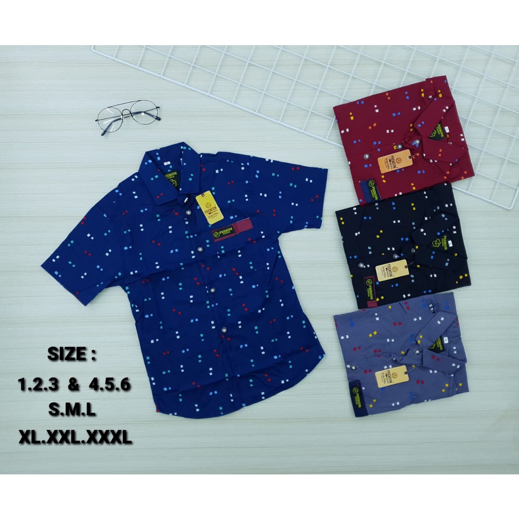 Baju Kemeja Anak Laki-Laki Hem Remaja Smp Cowok Motif Terkini Lengan Pendek 4 Warna Hitam Maron Navy Abu Usia 1 Tahun Sampai 14 Tahun Bahan Katun Strecth Melar