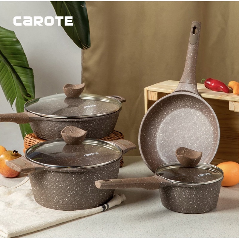 Carote Terra Brown Kuali 3 PCS SET Deep Frying Pan 28cm, Frypan 24cm, Casserole 24cm Wok Penggorenga