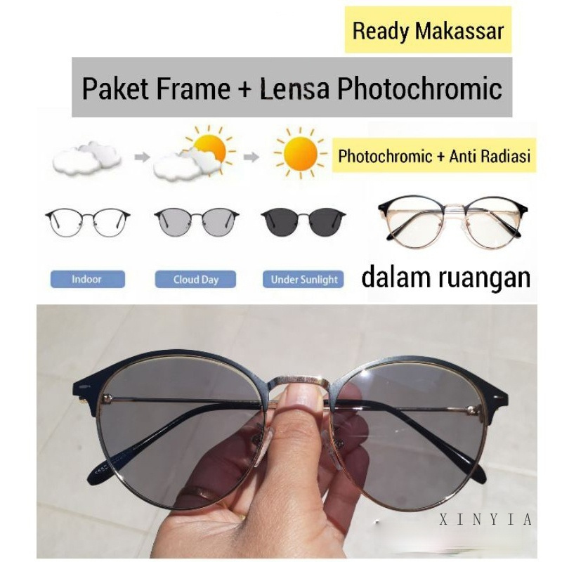 [2 In 1 Photocromic] Kacamata Lensa Photocromic + Anti Radiasi Blueray (Bluechromic) Pria Wanita Frame Besi Photochromic