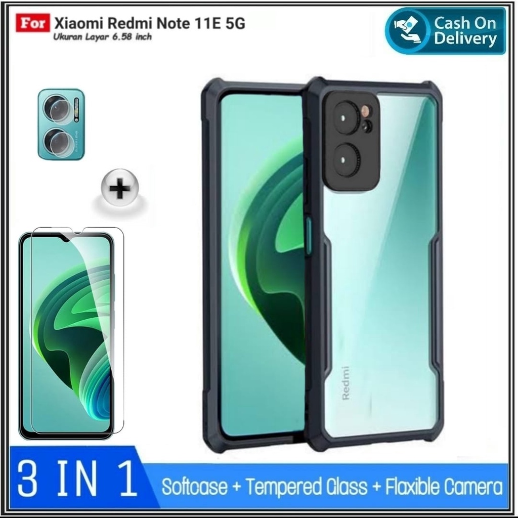 PAKET 3IN1 Case Redmi Note 11E 5G Hard Soft Fusion Armor Shockprooft TPU HD Trasnparan Acrylic Casing HP Cover Free Tempered Glass DI ROMAN ACC