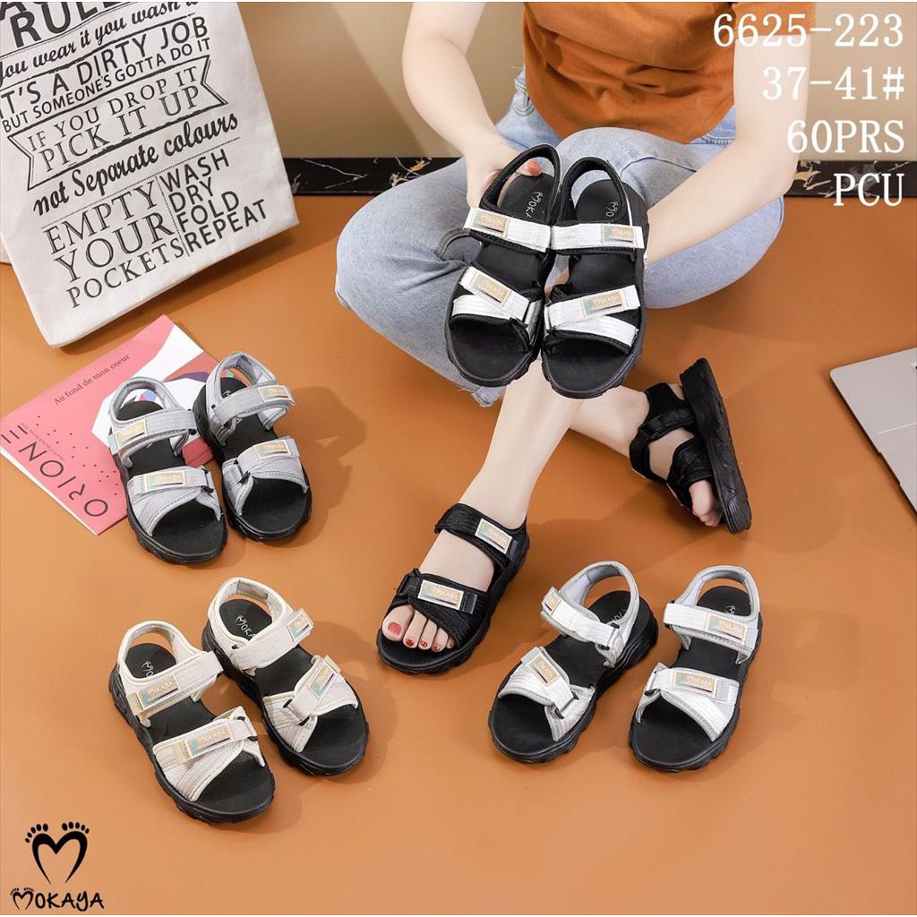 Sandal Let Jelly Korea Wanita Ban Kretek Motif Strap Mokaya Gold Silang Velcro Super Cantik Casual Trendy Import Mokaya / Size 37-41 (6625-223)