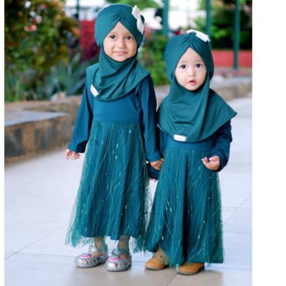 QUI gamis anak tile akar hijau botol gaun dress pesta jersey cetta LARIS ««