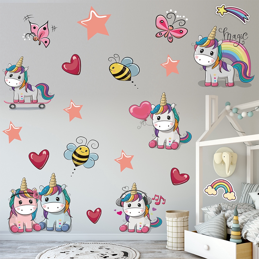 Stiker Dinding Motif Kartun Unicorn Untuk Dekorasi Kamar Tidur