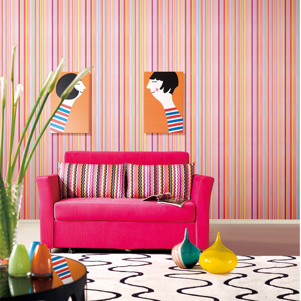 Wallpaper Dinding Kamar Tidur Motif Garis Pelangi