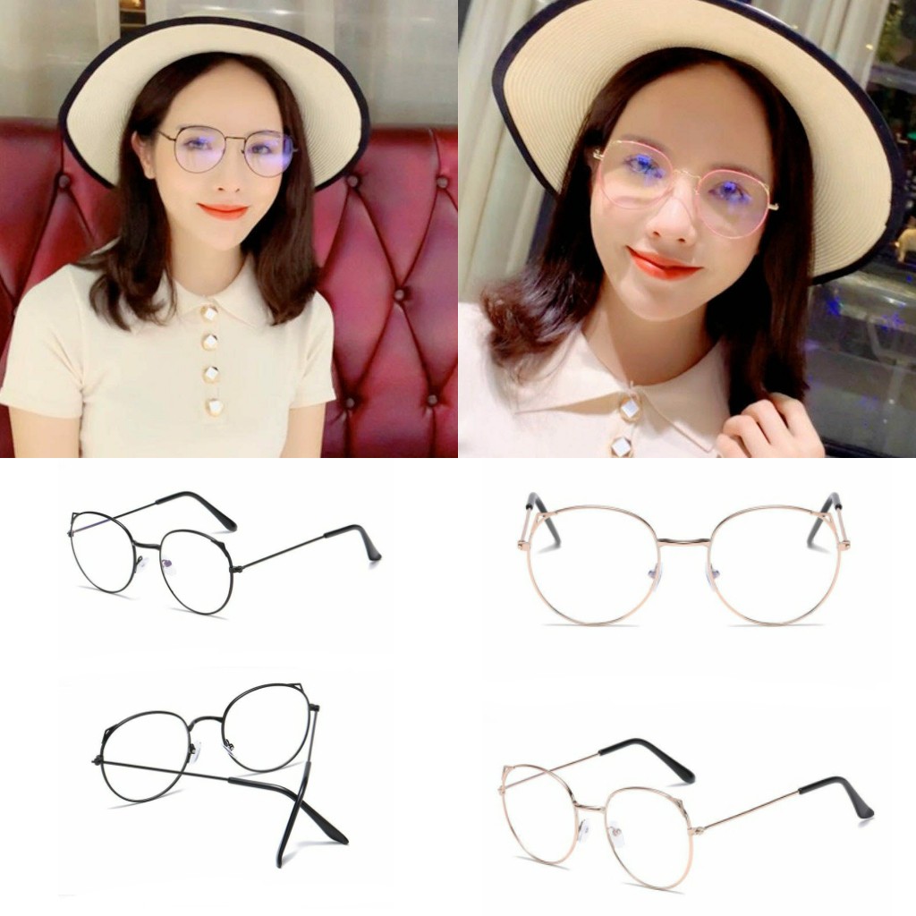 Kacamata Oval Kucing Anti Radiasi Wanita dan Pria Gaya Retro Round Eyeglasses Metal Frame