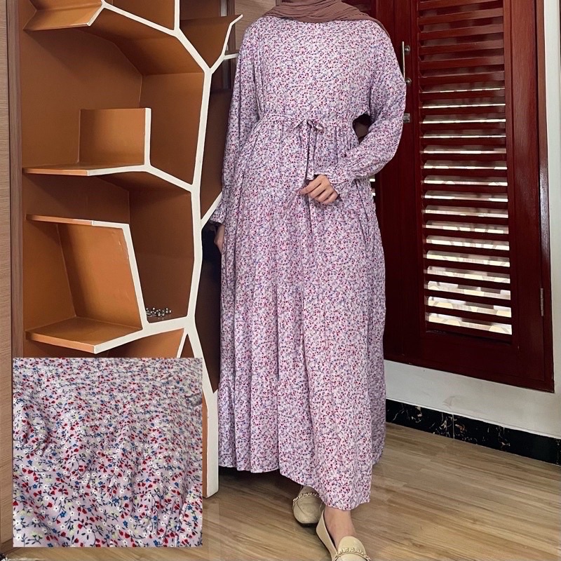 [SIZE STANDAR VOL 1] Floral dress maxi dress panjang gaun casual bunga wanita-Lavender 3ruffle