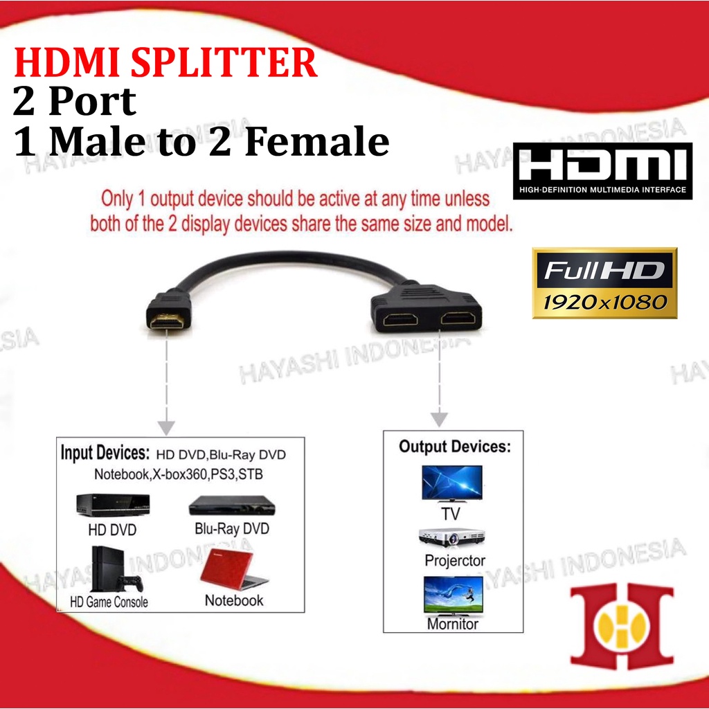 Kabel Cable HDMI Splitter 1 Input Male to 2 Output Female FULL HD 1080