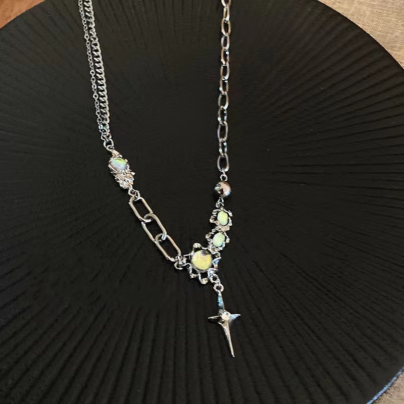 Kalung Rantai Liontin Salib Batu Bulan Warna Silver Gaya Korea Untuk Wanita