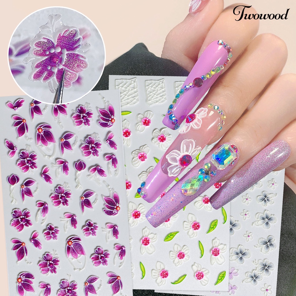 Twowood Stiker Kuku Motif Bunga / Daun 5D Untuk Nail Art DIY