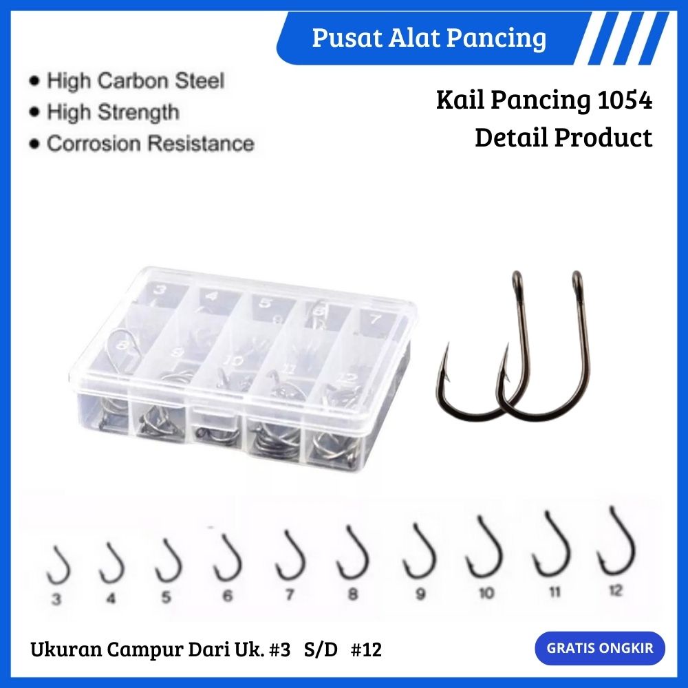 Paket Kail Pacing 1054 Fishing Hook Ten Division No 3-12 Set Mata Kail Pancing Bahan Baja Karbon Dan Stainless Steel