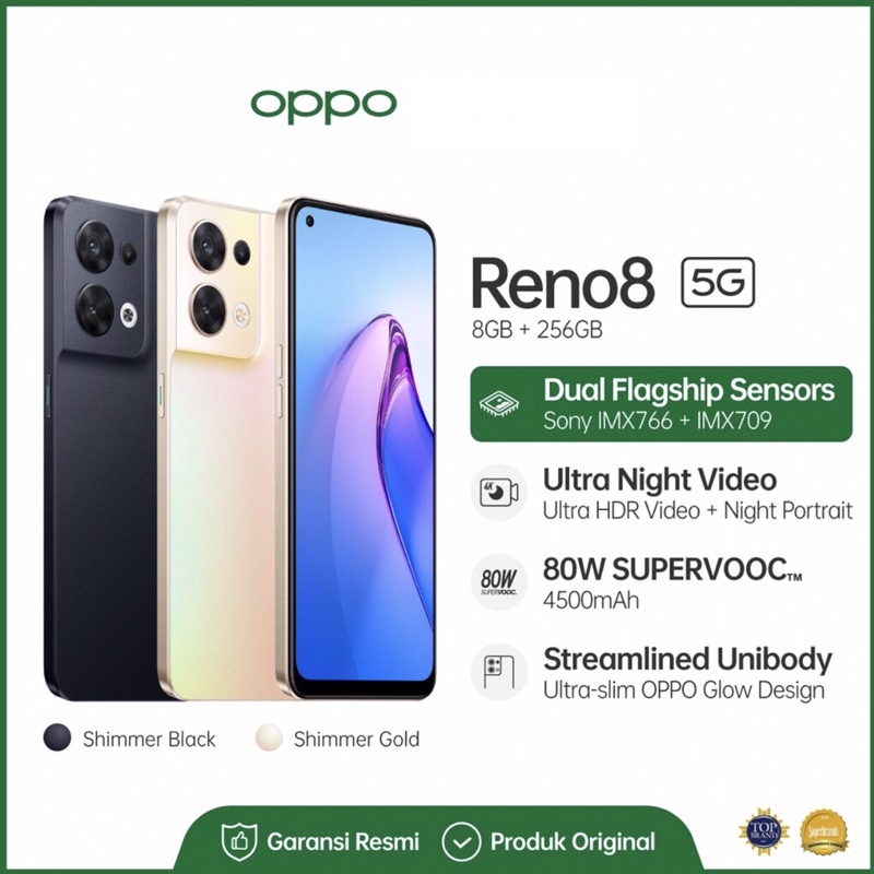 Oppo Reno8 5G | Reno 8 5G [8GB+256GB] Dimensity 1300 | 50MP Triple Camera | 6.4&quot; AMOLED | NFC | 4500mAh Garansi Resmi Oppo 1 Tahun