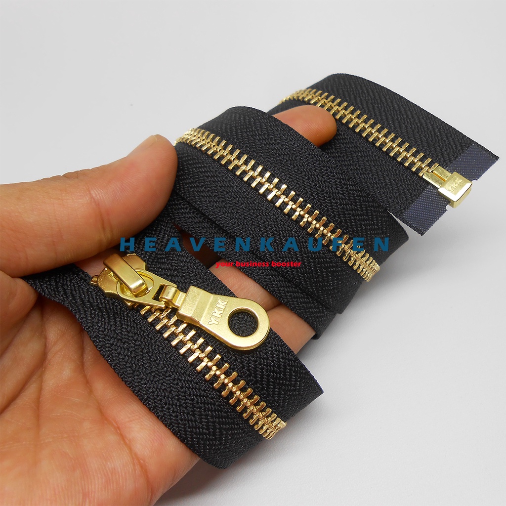 Resleting Zipper YKK 60 cm Warna Hitam Gold Emas Set Open End Buka Lepas Slider Oval