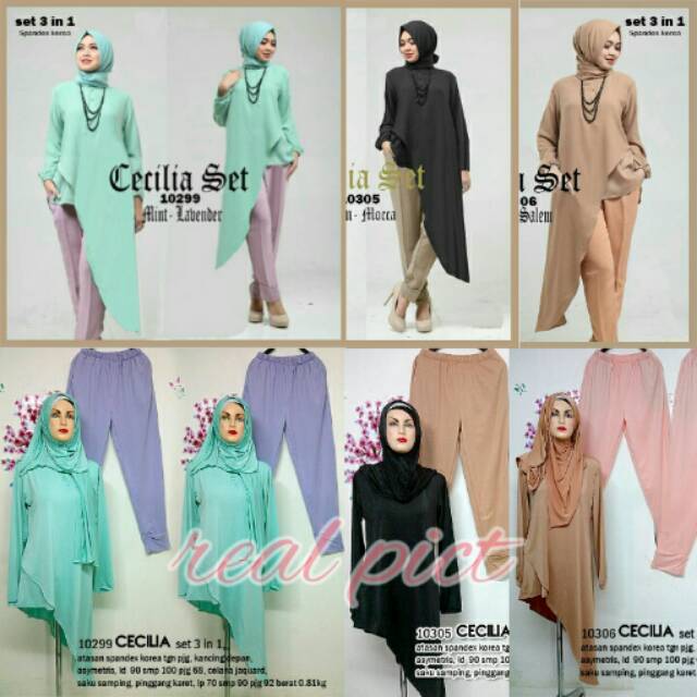 CECILIA SET 3IN1, ATASAN asymetris spandex korea LD.100 P.68 + CELANA LP.90 P.92 jaquard + PASHMINA