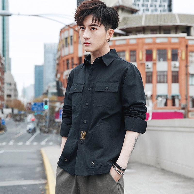 2022     Pria Lengan Panjang Perkakas Kemeja  Kasual Kemeja Korea Fashion Mantel