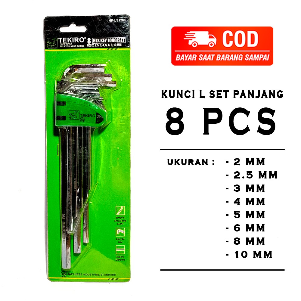 KUNCI L / HEX KEY LONG SET PANJANG TEKIRO 8 PCS ( 2 MM - 10 MM )