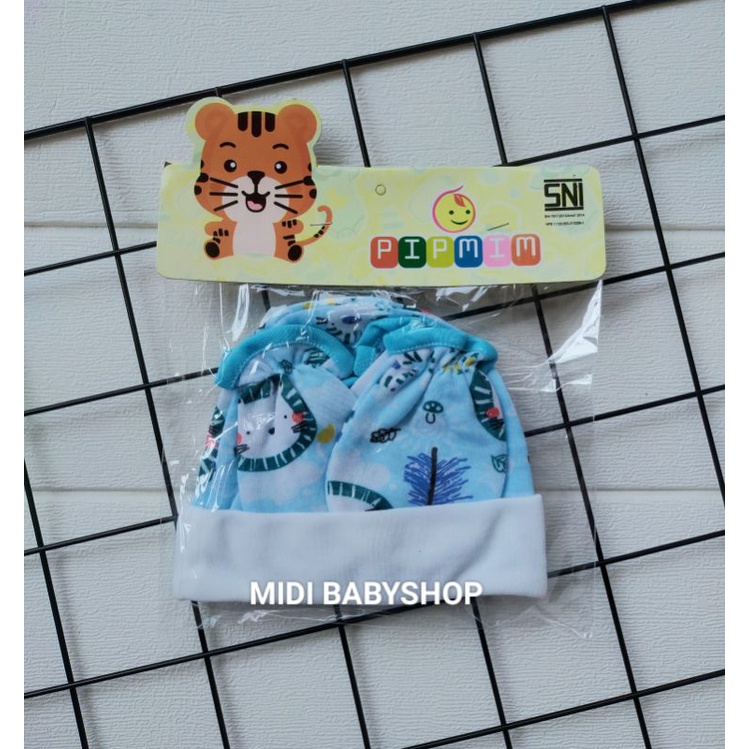 1 Set Topi dan Sarung Tangan Kaki Bayi Full Print Pip Mim SNI