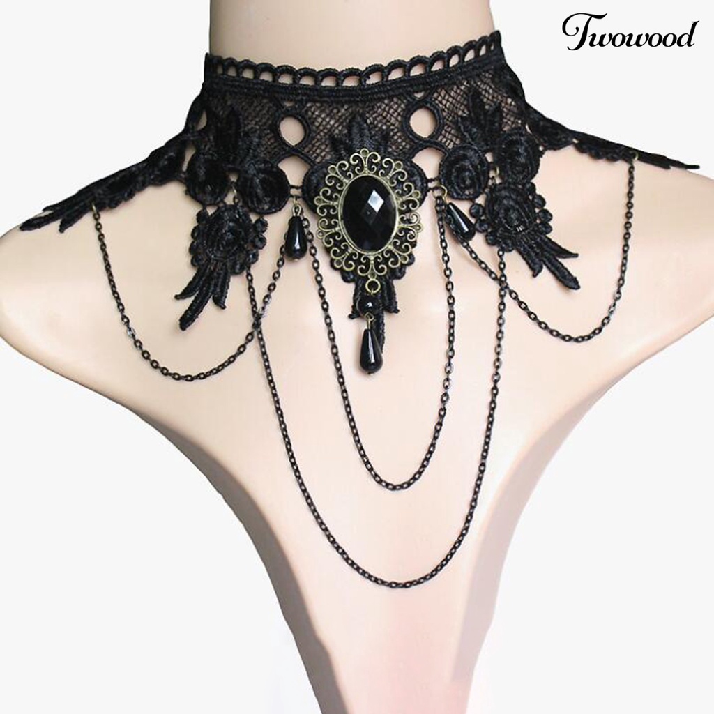 Twowood Lace Flower Faux Gem Necklace Bracelet Earrings Wide Gothic Punk Style Choker Necklace Bracelet Jewelry Accessory