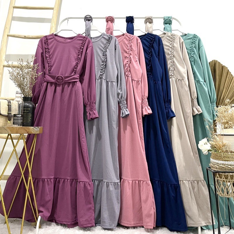 Gamis rempel dada + sabuk lengan smoked bahan voxy merk cocobee (827)
