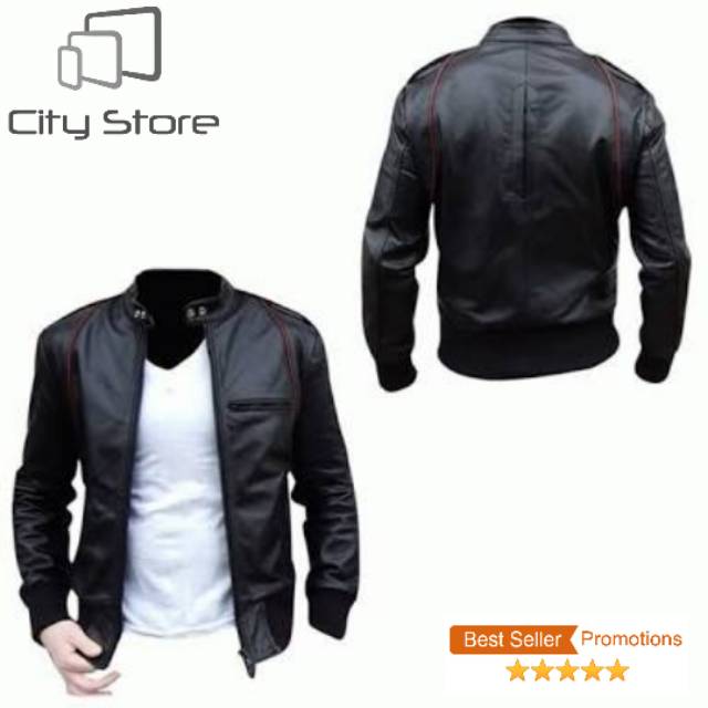 Jaket  kulit slim fit ariel slim fit list hitam size M L XL XXL