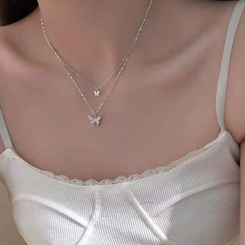 Kalung Rantai Klavikula Double Butterfly Gelombang Air Bahan Alloy Warna Emas Perak Gaya Korea Untuk Wanita