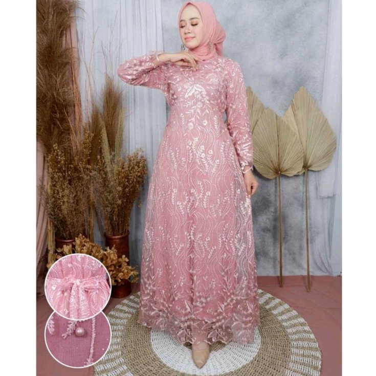 Gamis Dewasa Brukat Kebaya Tile Maxy Dress Wanita Muslim Brukat / Jumbo LD 90-120 Cm Premium