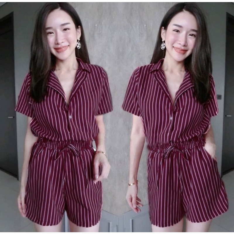 jumpsuit pendek wanita / jumpsuit wanita lengan pendek motif salur