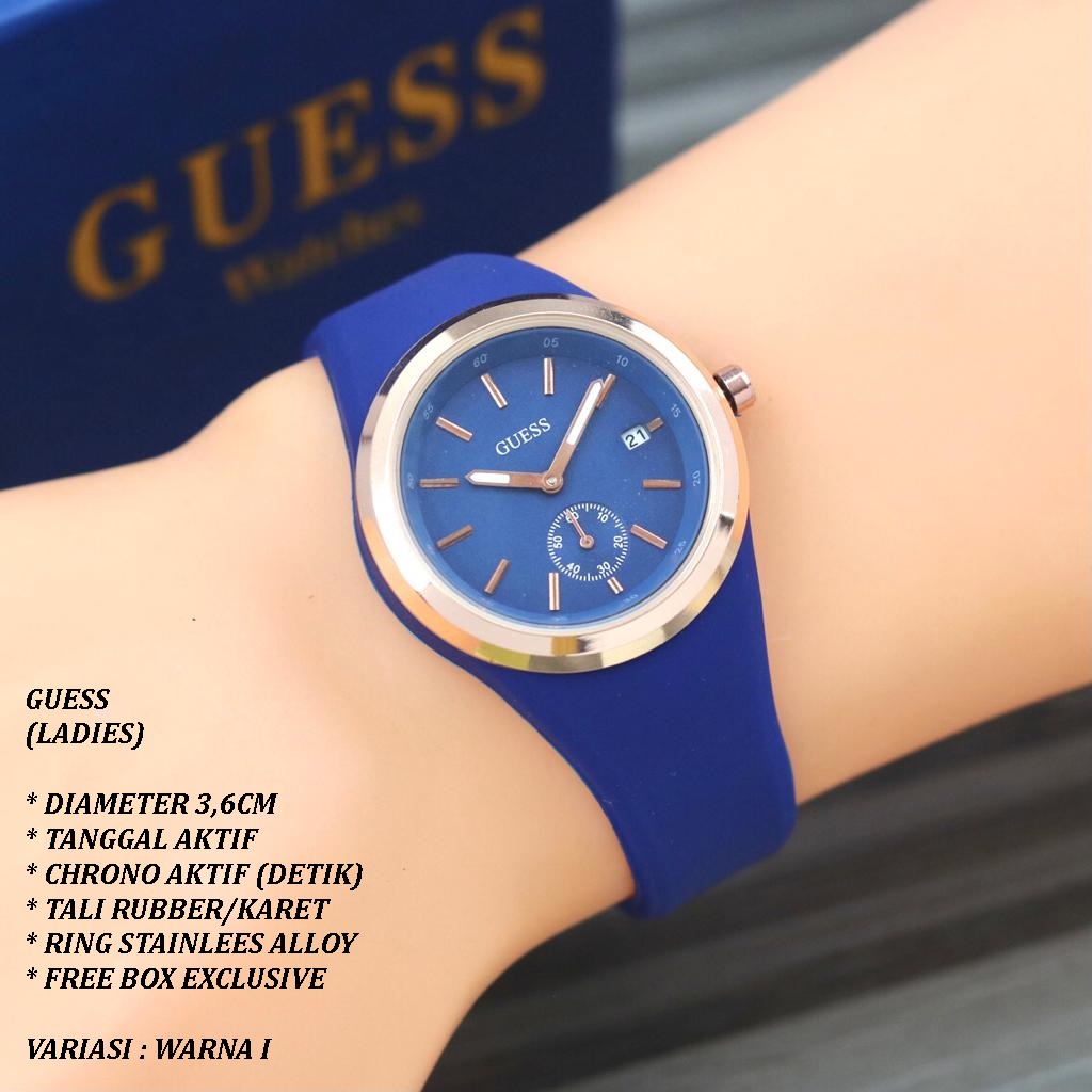 (FREE BOX) JAM TANGAN WANITA GUESS TALI RUBBER BODY BULAT TANGGAL &amp; CHRONO AKTIF