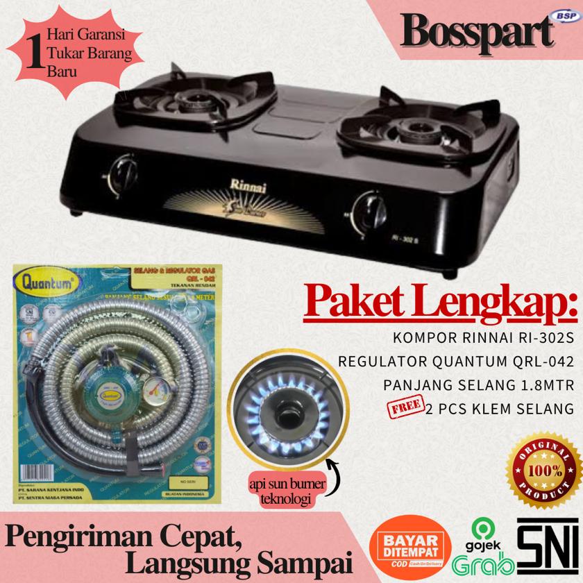 Paket Kompor Gas Rinnai 2 Tungku RI-302s bonus selang regulator Quantum