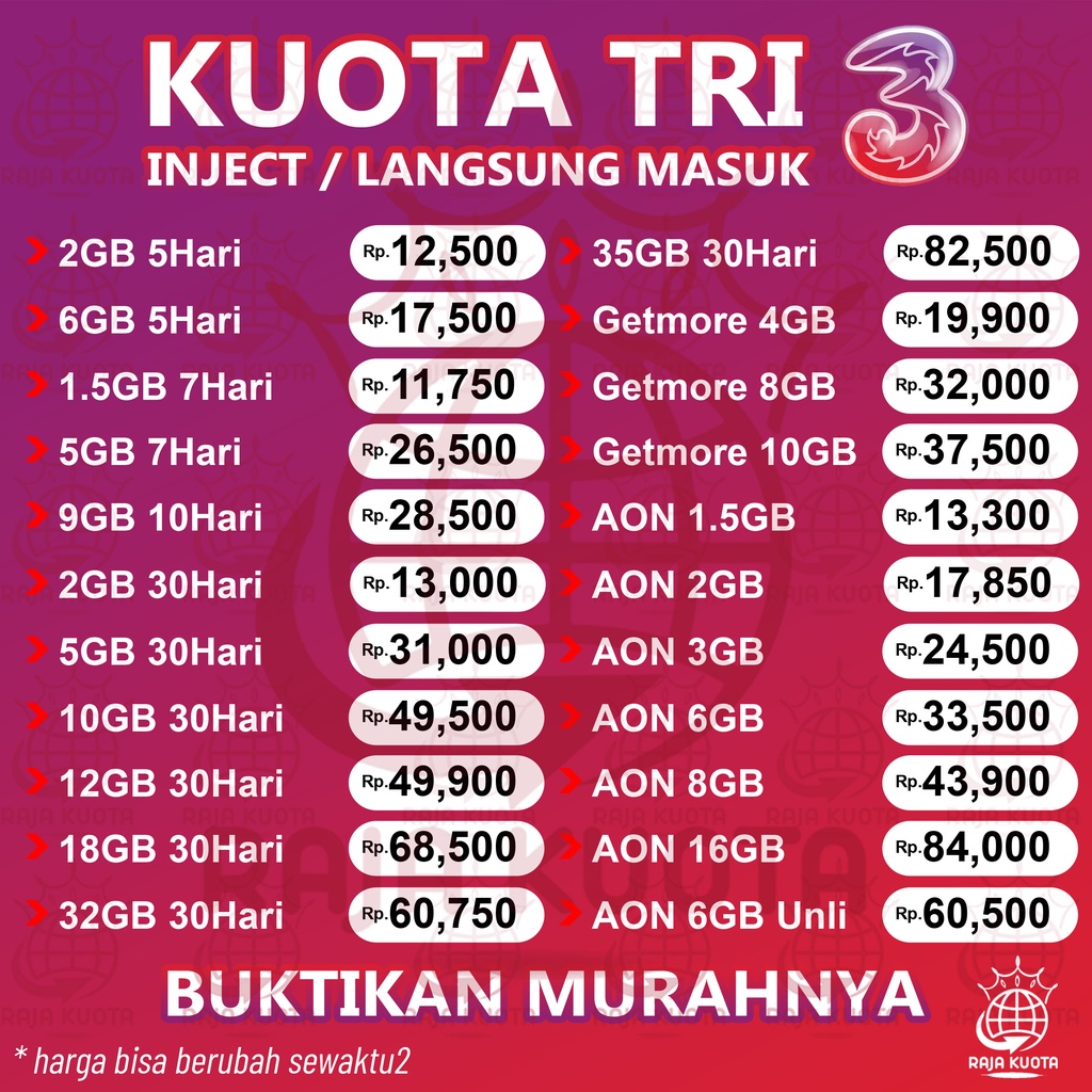 Paket Three Data Tri Kuota Internet 3 Inject Aon 1GB 2GB 3GB 4GB 6GB 10GB 18GB 22GB Unlimited