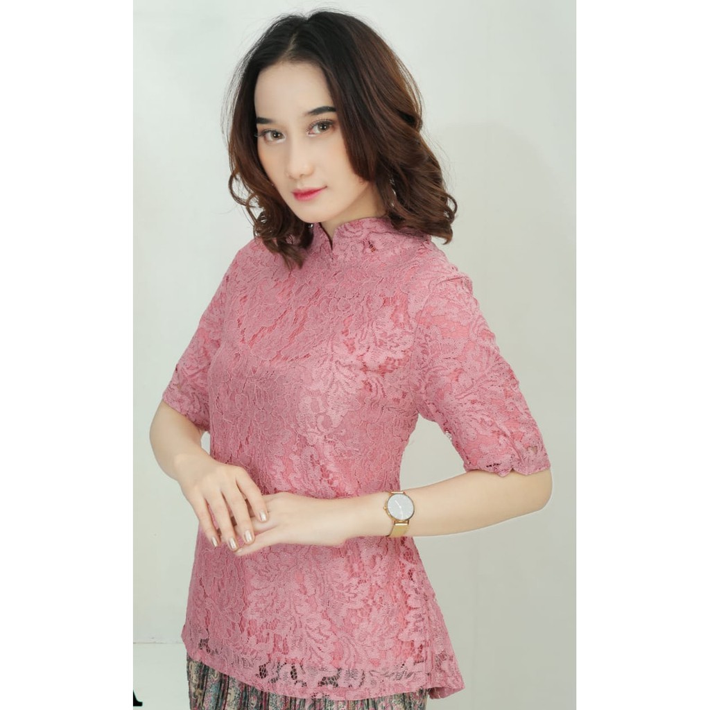 Atasan kebaya brokat lengan pendek model kerah sanghai DUSTY PINK
