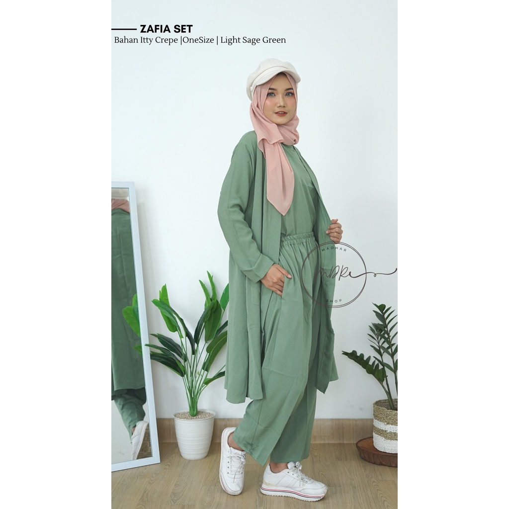 Zafia One Set 3 in 1 Setelan Cardigan + Celana Wanita Muslim Remaja Bahan Itty Crepe Premium Fit to XL / Stelan Long Cardi Motif Polos Kekinian 2022 Beraneka Warna